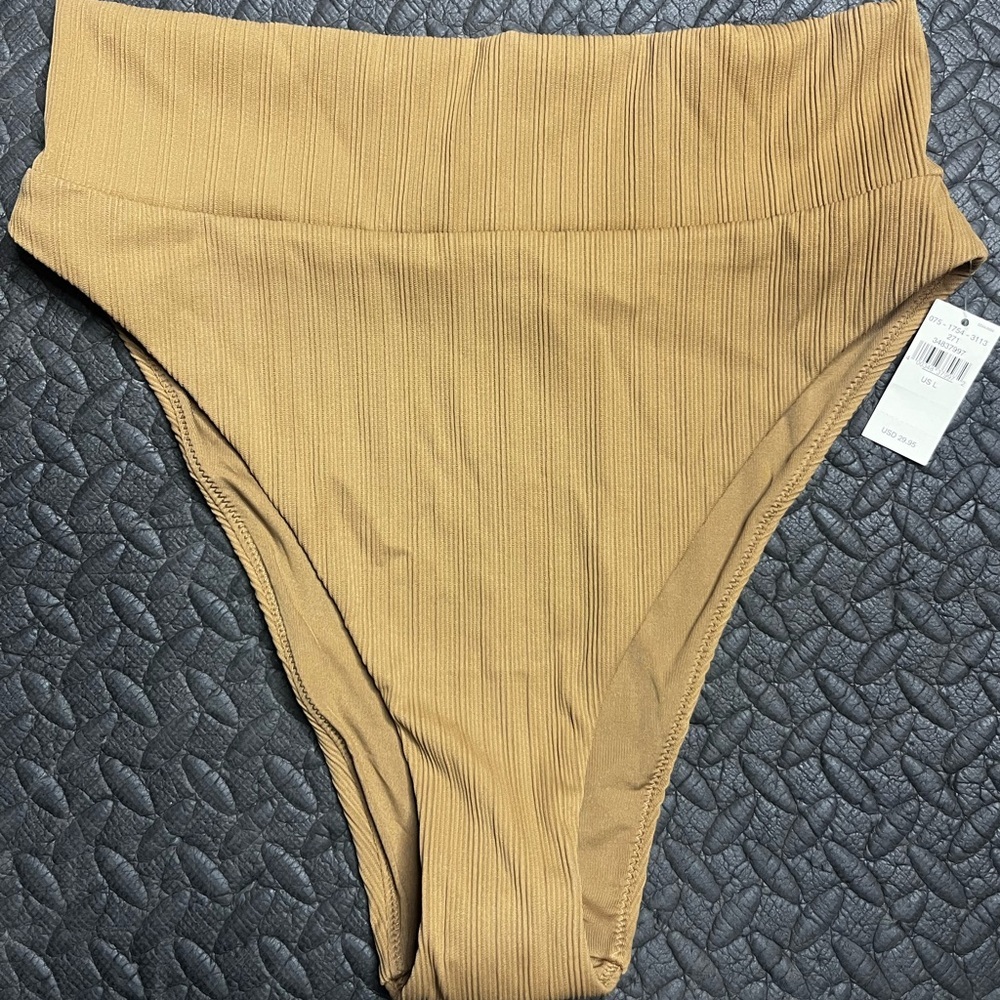 Aerie‎ High Cut Cheeky Bikini Bottom Swim Large Tan Brown Ridges NWT Swimwear